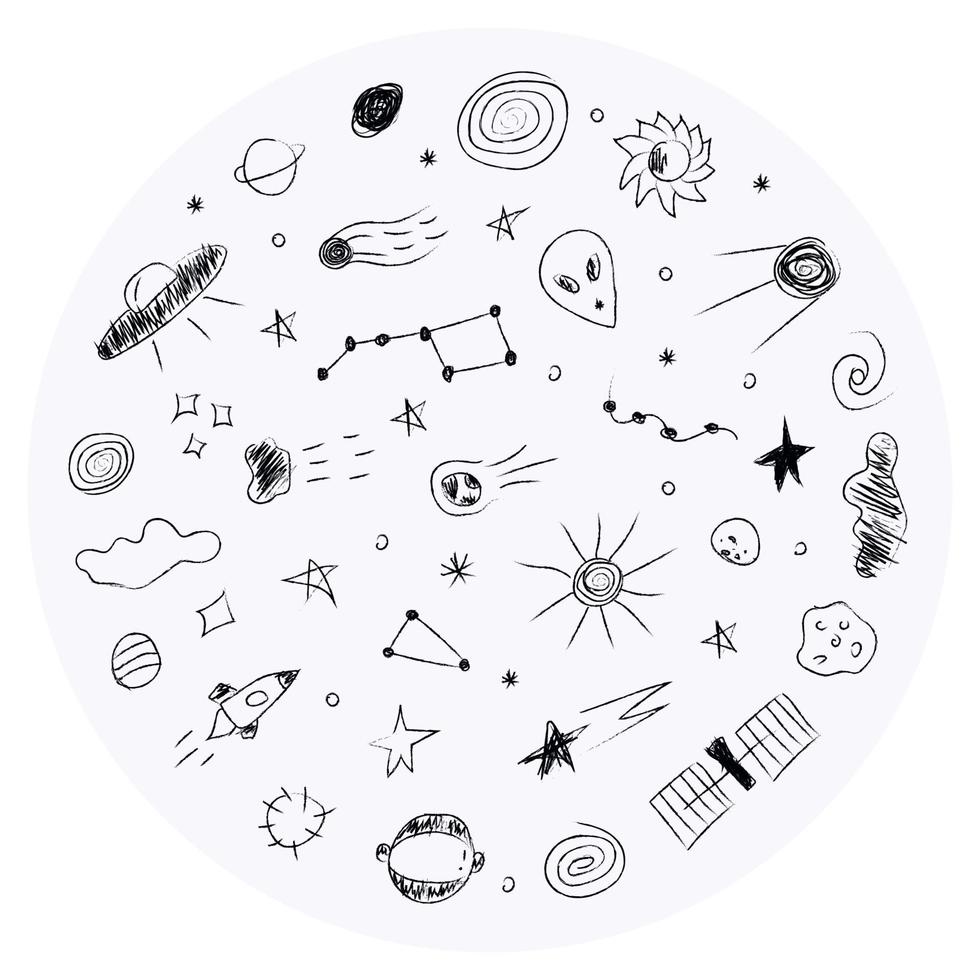 ilustración de doodle cosmos ambientada en estilo infantil en círculo, clipart de diseño. elementos espaciales abstractos dibujados a mano. en blanco y negro. vector