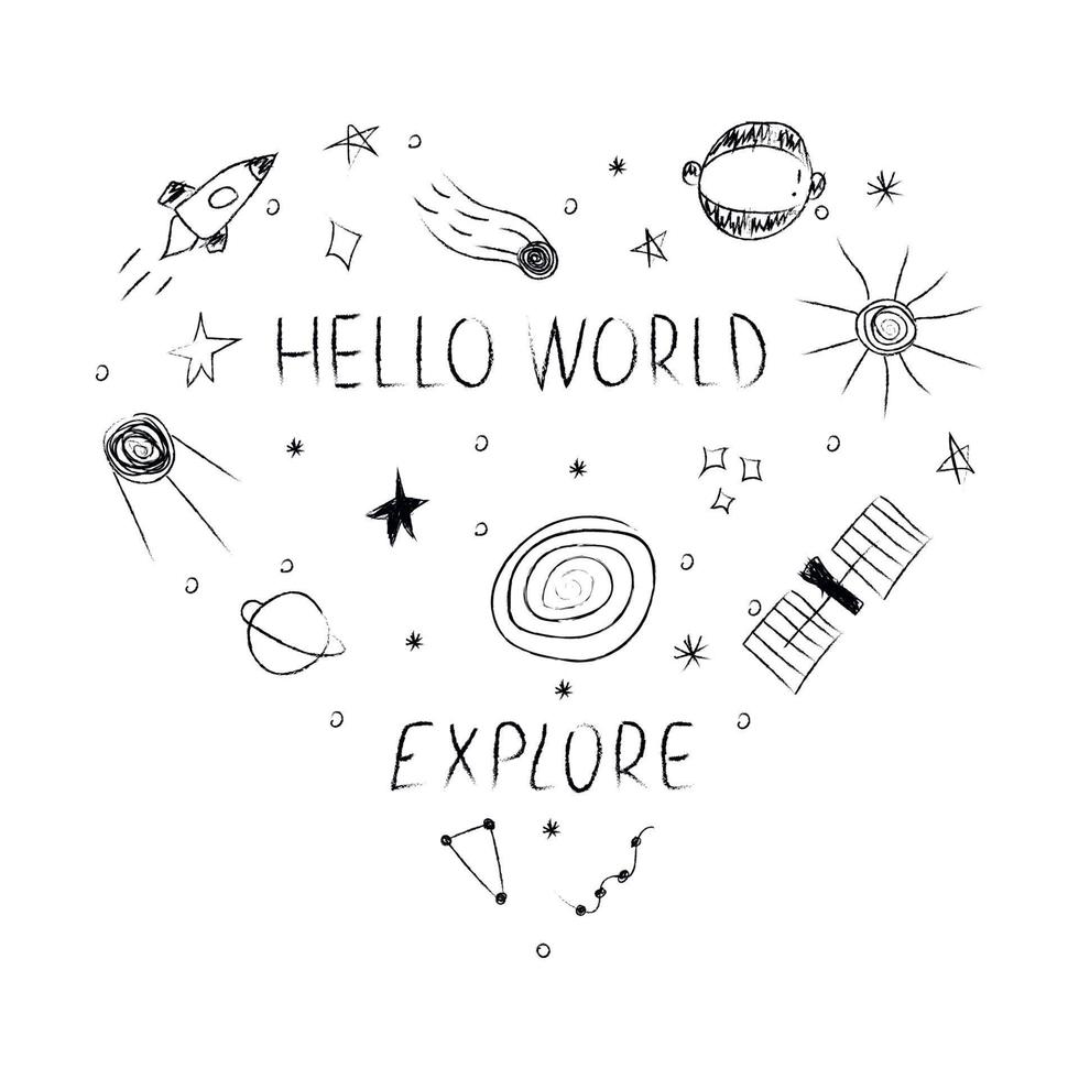 Doodle heart-shaped cosmos illustration set in childish style with lettering, design clipart. Hand drawn abstract space elements. Black and white. vector