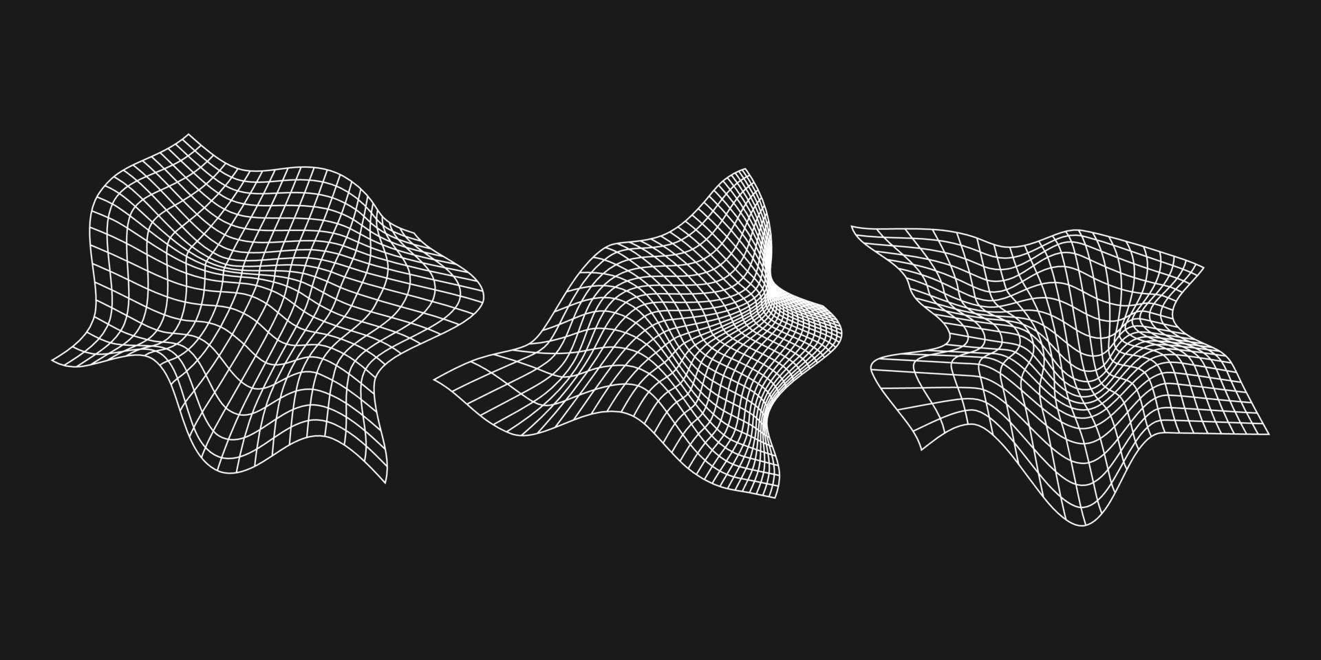 Set of cyber distorted grids, retro punk design elements. Wireframe wave geometry mesh on black background. Vector illustration.