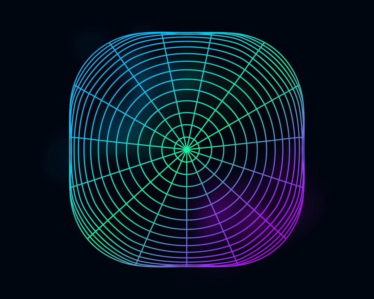 Color cyber distorted grid, retro punk design element. Wireframe wave geometry grid on black background. Vector illustration