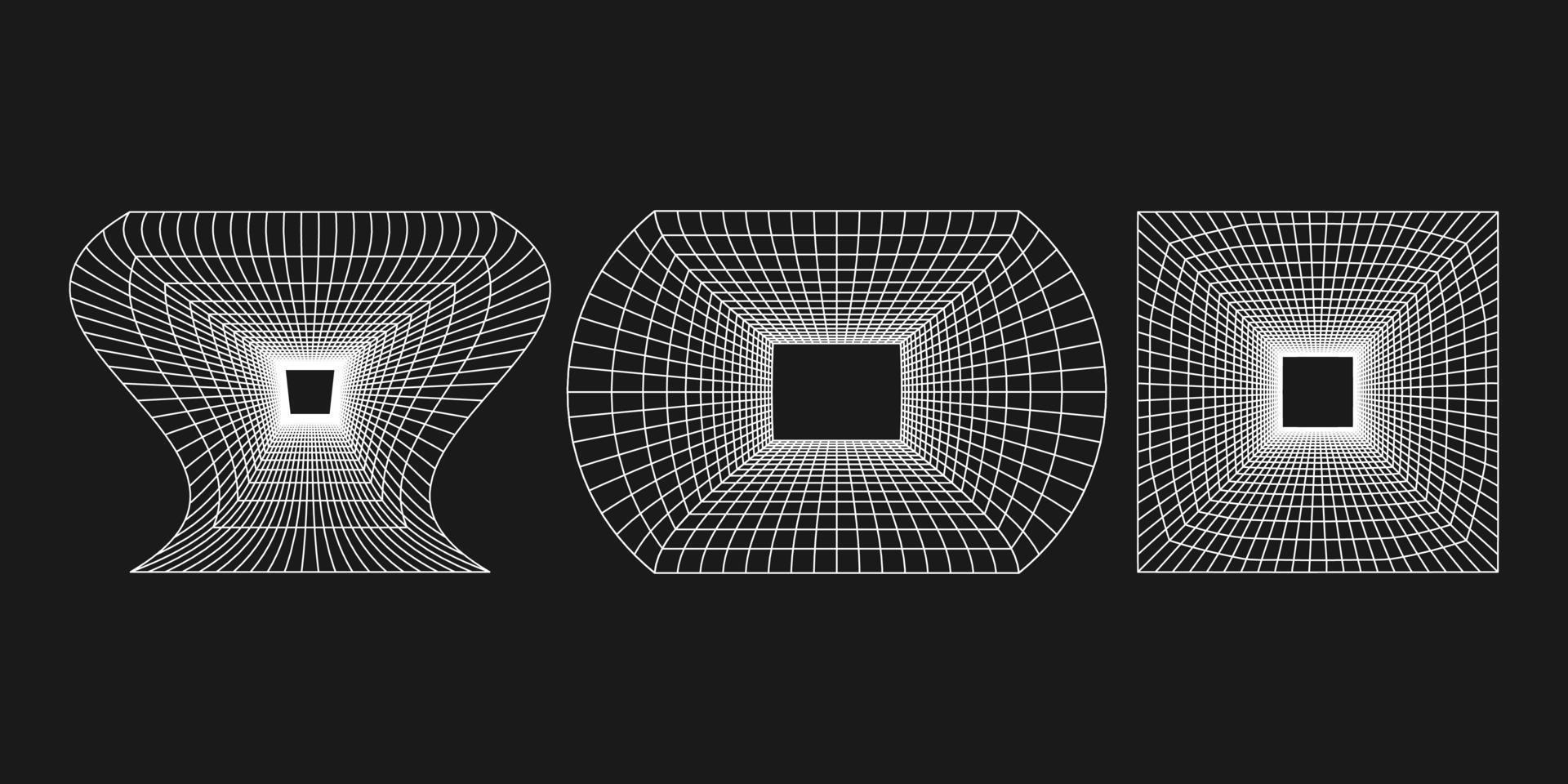 Cyber distorted grid, retro punk design element. Wireframe wave geometry grid on black background. Vector illustration