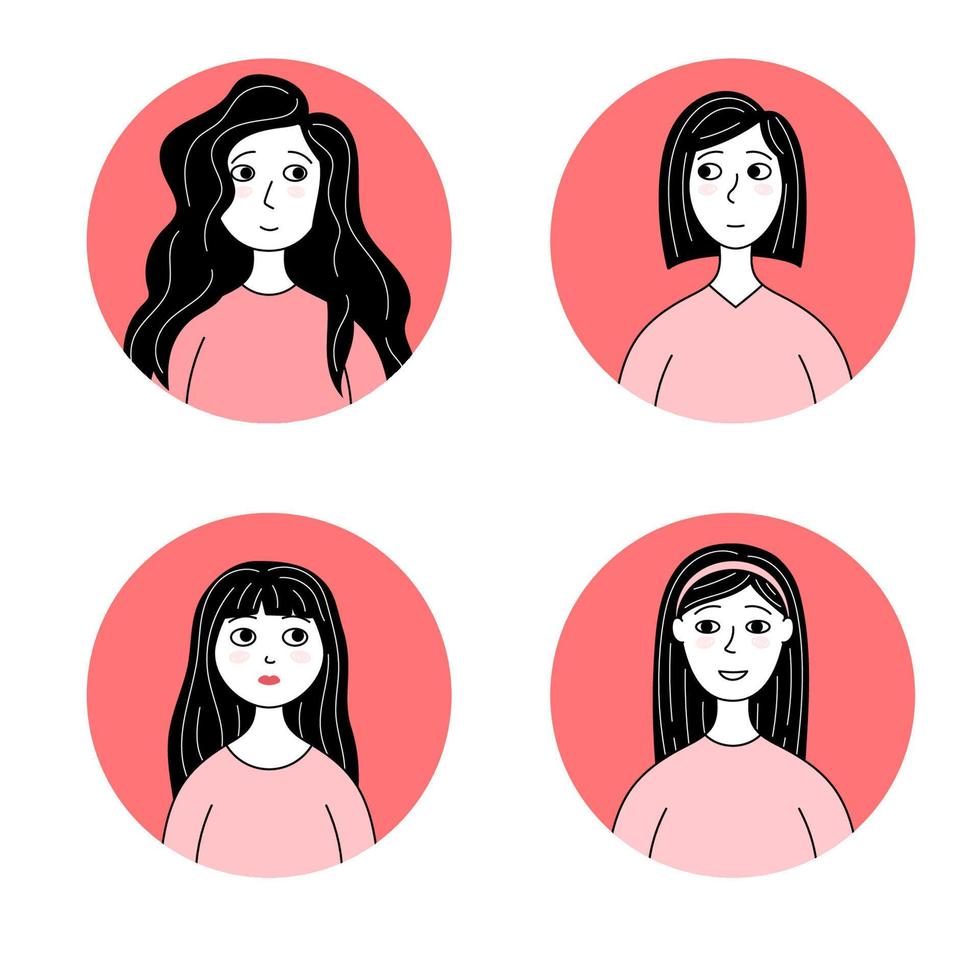 conjunto de retratos de garabatos de avatares de mujeres jóvenes. niñas caras vector ilustración