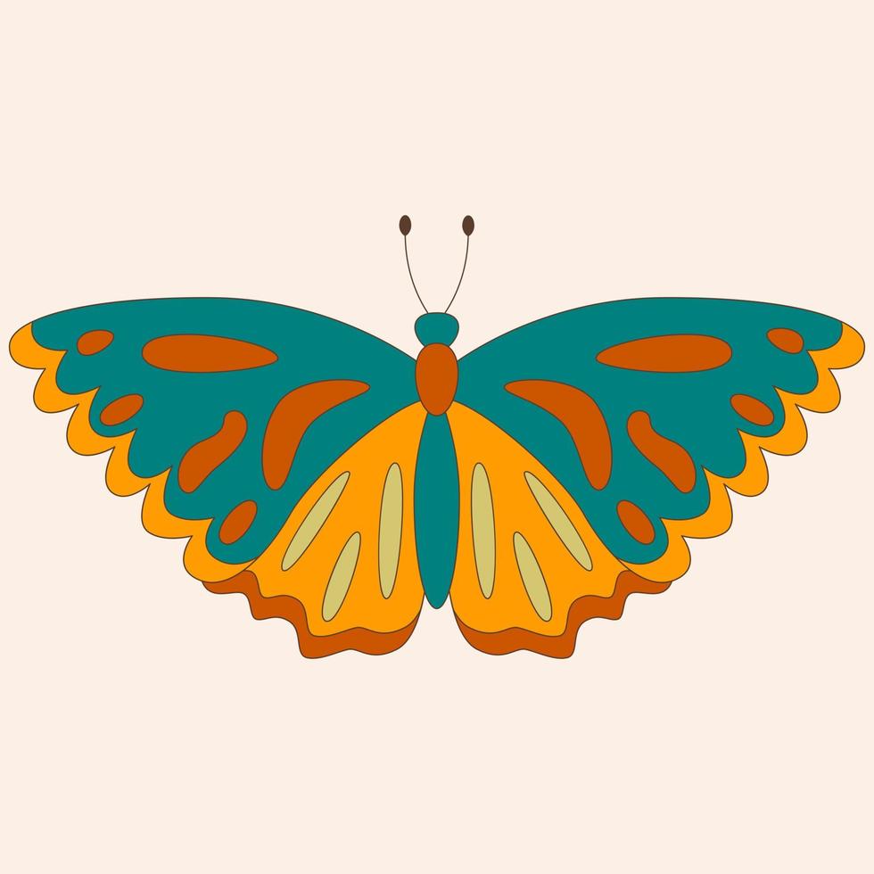 Retro 60s 70s hippie groovy butterfly for cards, stickers or poster design. Flat vector illustration