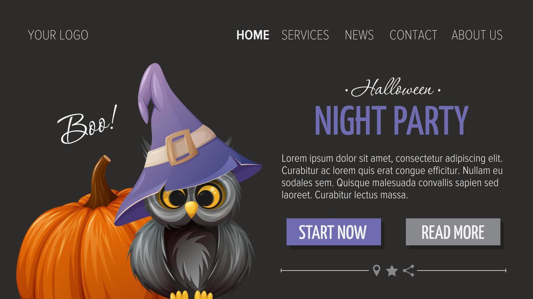 Cute owl in a sorcery hat and pumpkin. Night party. Halloween horizontal template for website, dark background. Vector illustration. For banner, store, sale