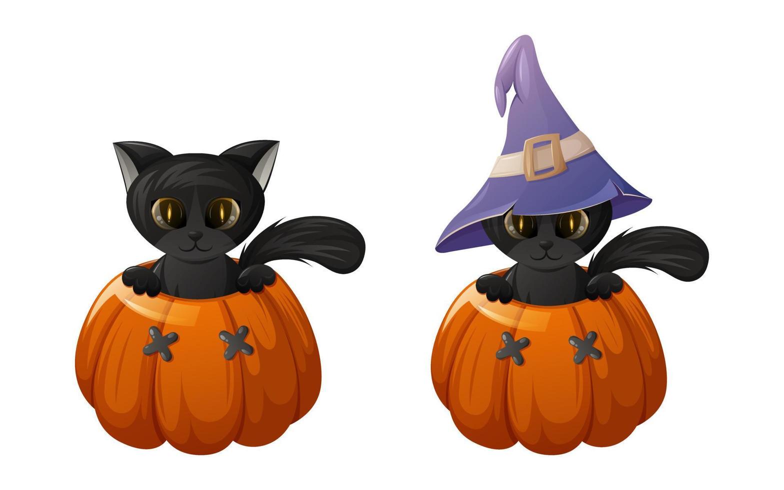 lindo gato negro con y sin sombrero de hechicería está dentro de una calabaza con cara divertida. ilustración vectorial de dibujos animados para halloween. vector