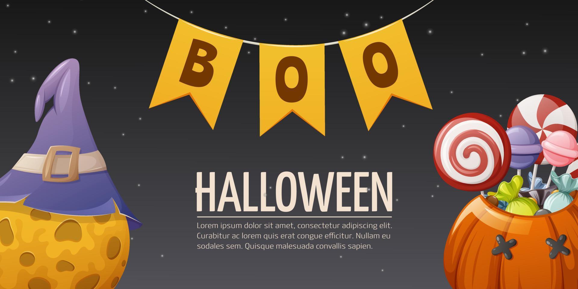 Halloween night sky background. Moon in the sorcery hat and pumpkin with sweet treats. Garland from flags with text boo. Cartoon vector illustration.