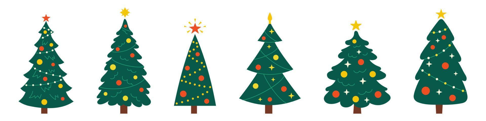 Vector New Year set with christmas trees. Evergreen trees with balls, stars and garlands. Fir trees for Christmas.