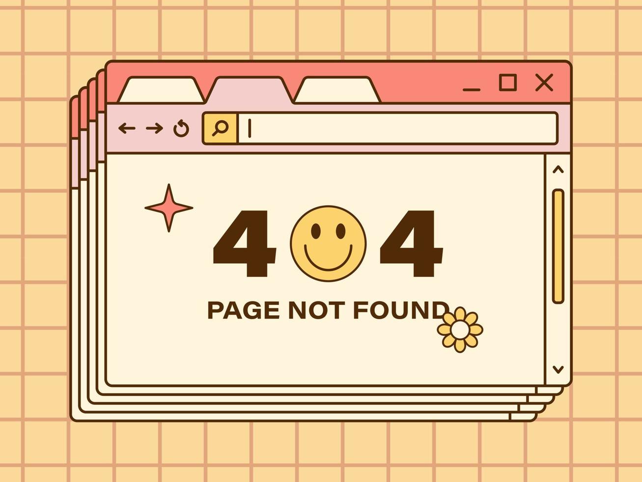 Vector retro browser. Page not found design template. Error 404. Nostalgic UI. Retro vaporwave computer interface.