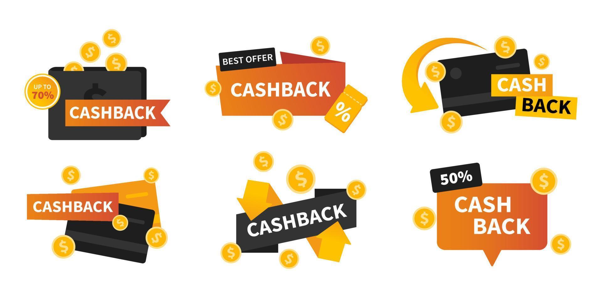 Vector set with cashback labels. Business cash back icon collection. Return of money from purchases. Modern cashback banners.