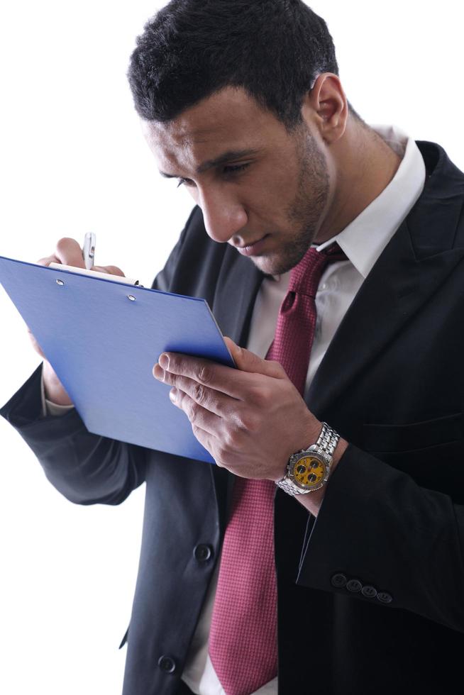 business man trying to read photo