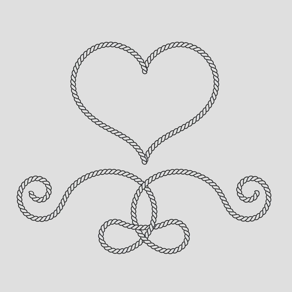 Rope decorative elements.  Heart frame line art concept. Rope tie border graphic design. Vector illustration