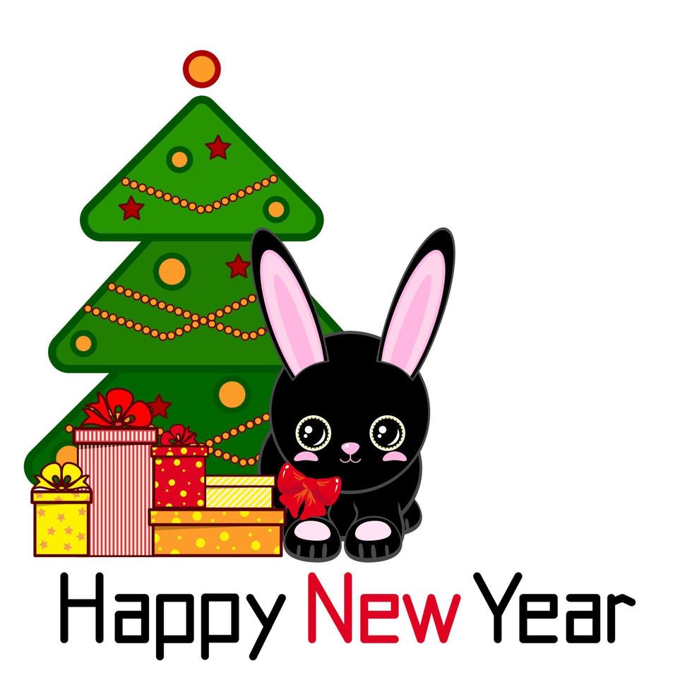 Happy New Year, A cute black rabbit near a decorated Christmas tree with gifts. Chinese New Year vector