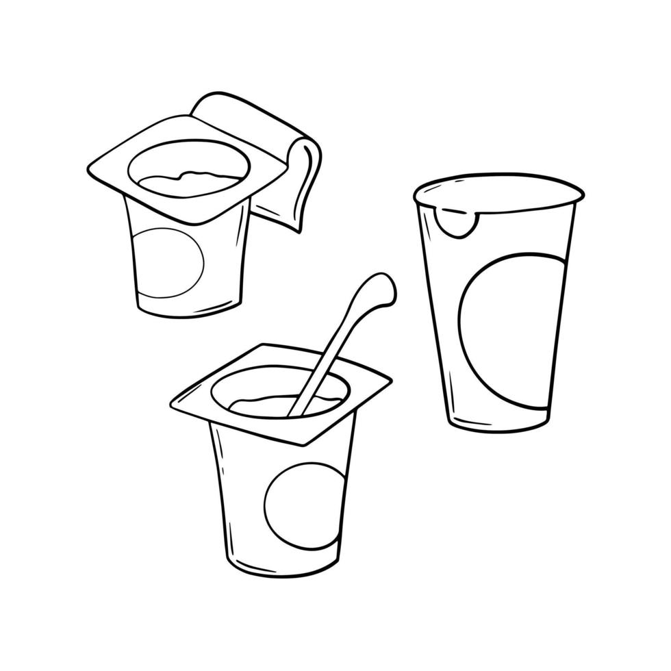 conjunto de iconos monocromáticos, pequeño frasco de plástico con yogur y cuchara, espacio de copia, vector de estilo de dibujos animados sobre un fondo blanco