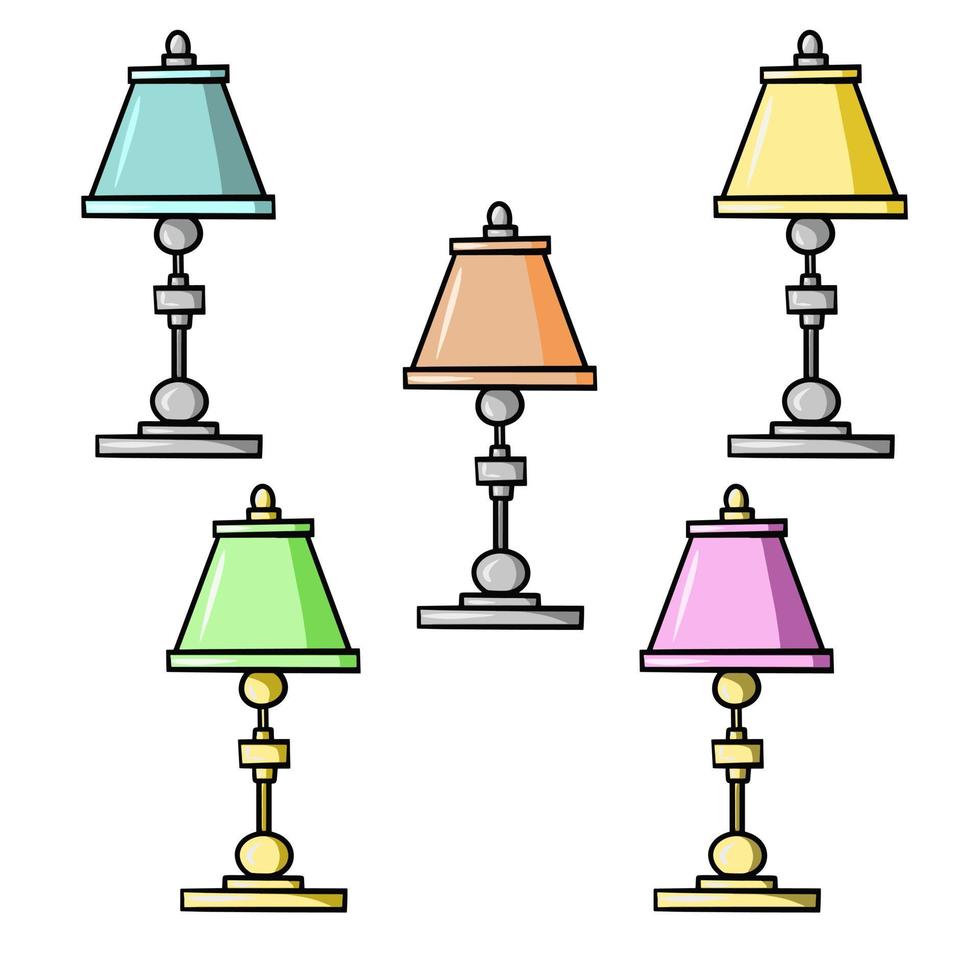 A set of colored icons, a table lamp with a beautiful fabric shade, on a gold and silver stand, vector illustrations in cartoon style on a white background