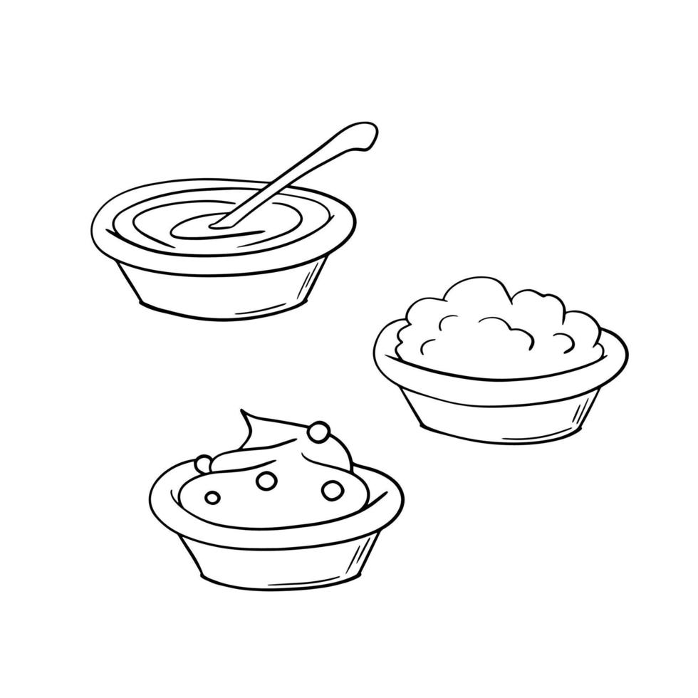 Monochrome Set of illustrations, various ceramic deep plates with porridge, thick sour cream, with a spoon, vector illustration in cartoon style on a white background