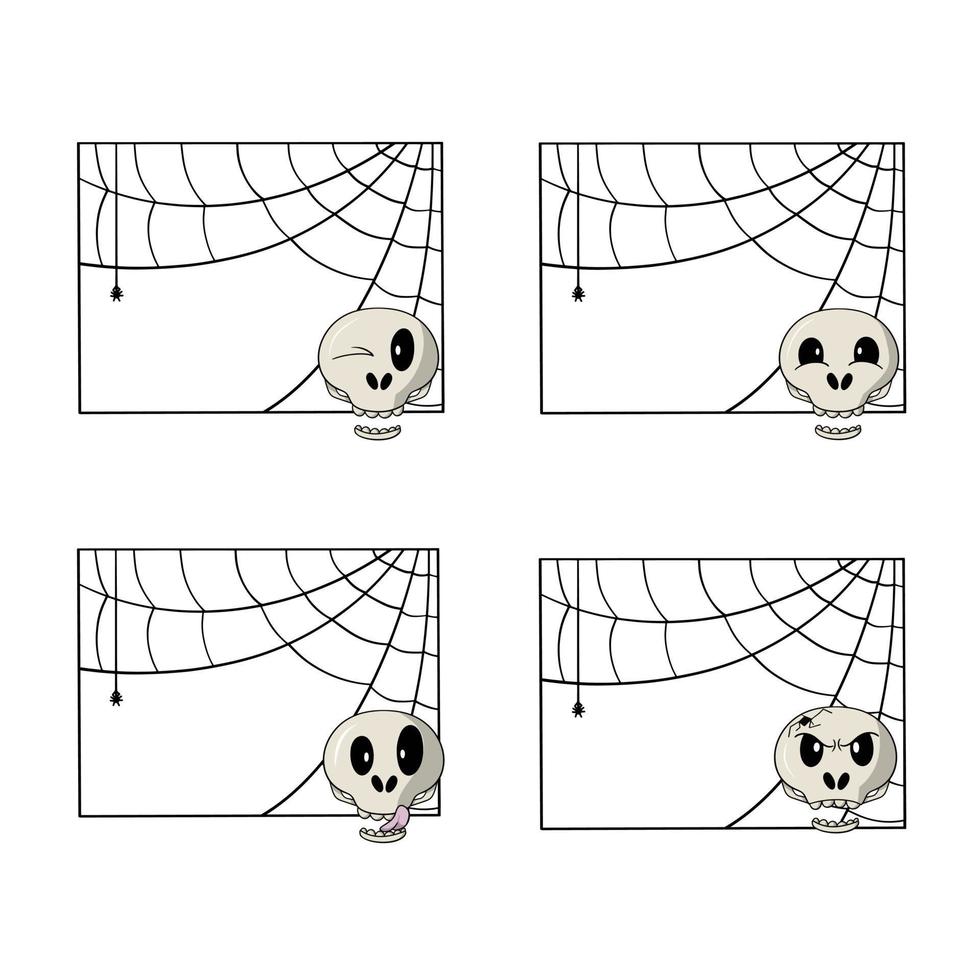 Set of Square decorative frame with spider web, skull emotions, copy space, vector illustration in cartoon style