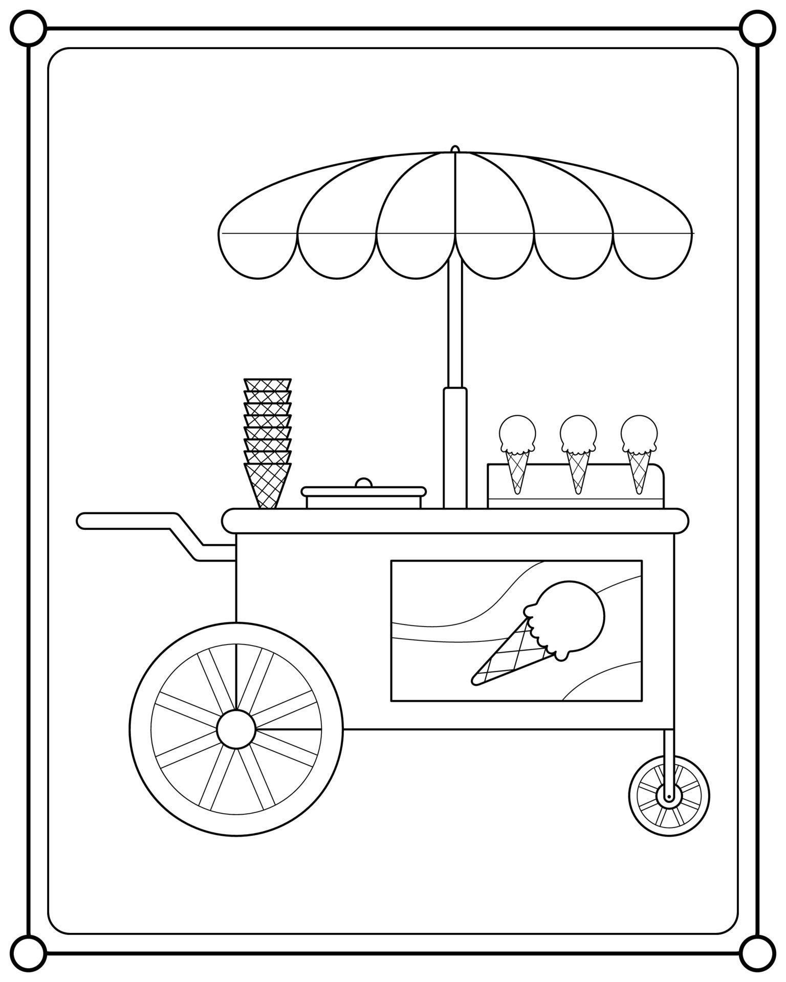 Ice cream cart shop suitable for children's coloring page vector