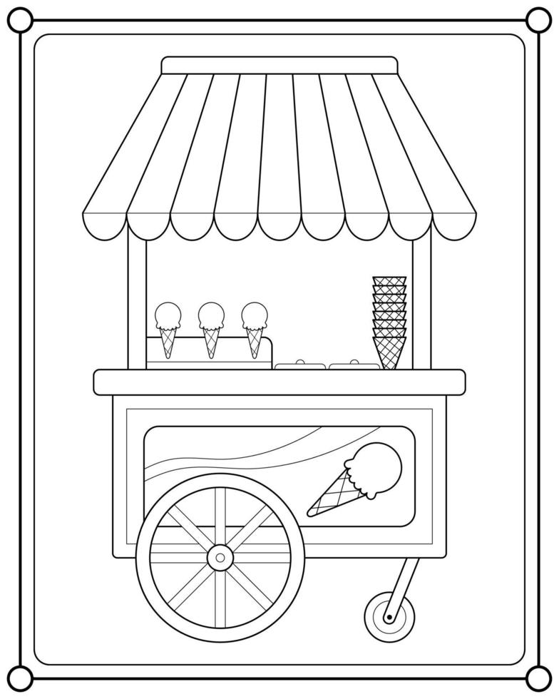 tienda de carrito de helados adecuada para la ilustración de vector de página para colorear de niños