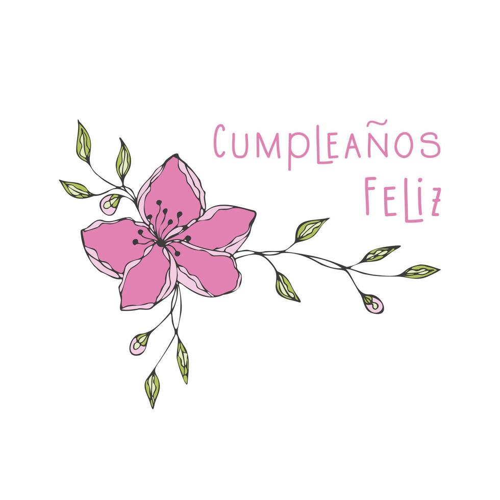 feliz cumpleanos feliz cumpleaños, escrito en español, flor doodle dibujado a mano. vector