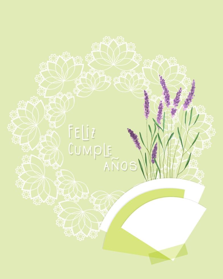 Feliz Cumpleanos Happy Birthday, written in spanish language, green postcard vintage collage with lavender watercolor and lace. vector