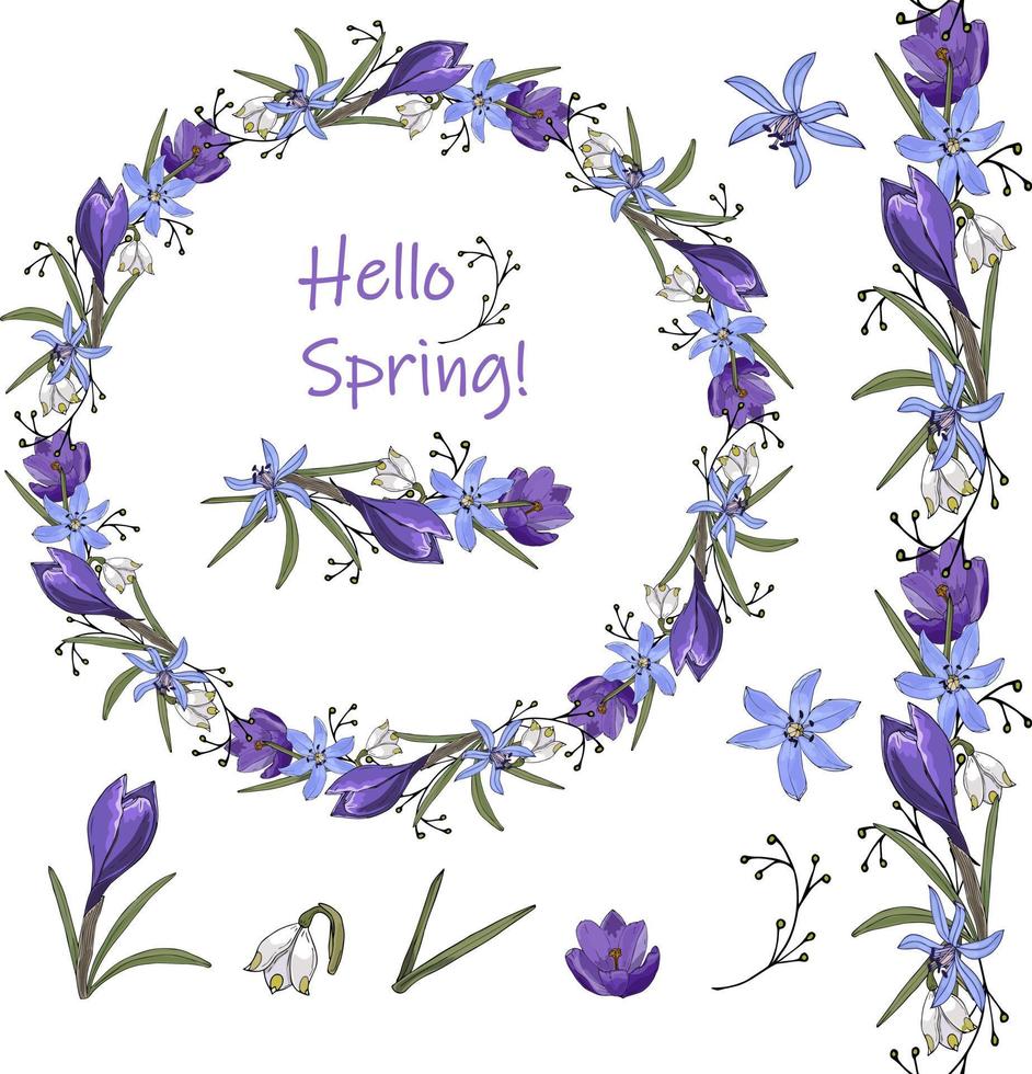 Wreath of spring flowers crocus and primrose on a white background . vector