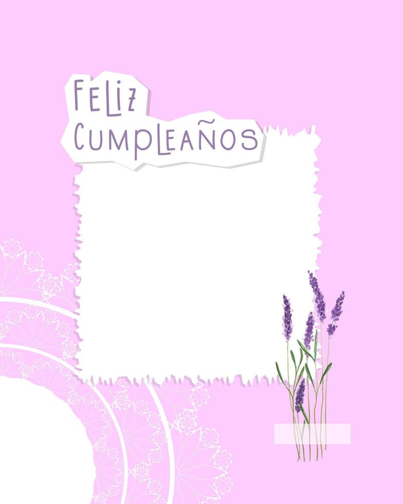 Feliz Cumpleanos Happy Birthday, written in spanish language, pink postcard vintage collage with lavender watercolor and lace. vector