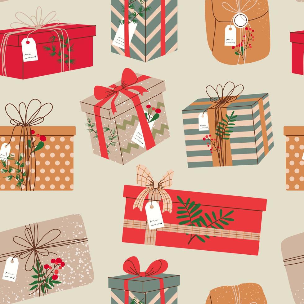 Christmas gifts in kraft paper with tag and berries. Pattern of present boxes in craft wrapping paper with bow and branches. Colored flat vector illustration isolated on beige background.