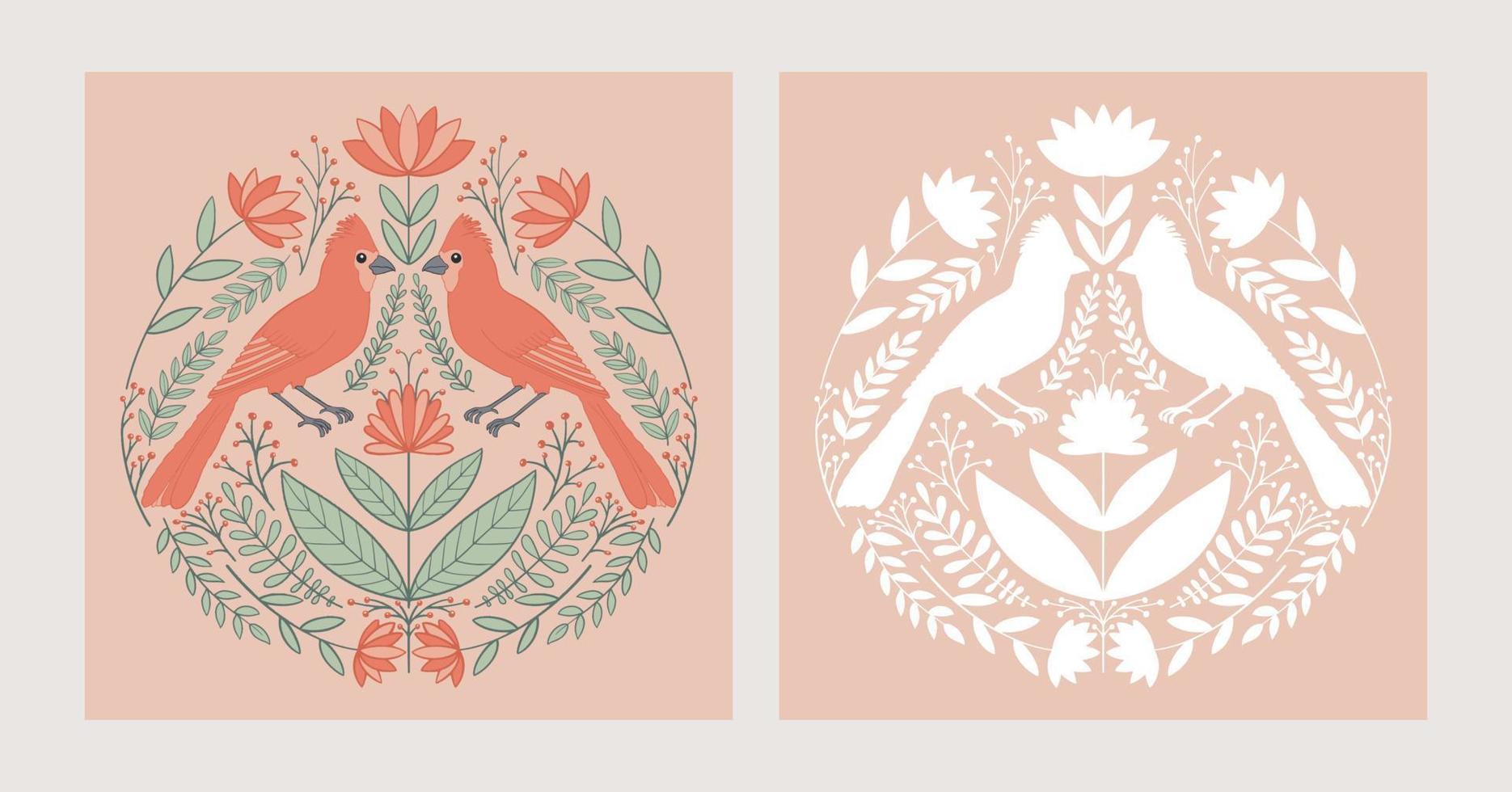 Set of 2 symmetrical ornament with birds, flowers and leaves with different folk compositions. Motif in scandinavian style. Ethnic flat illustration with paper texture in trendy colors. vector