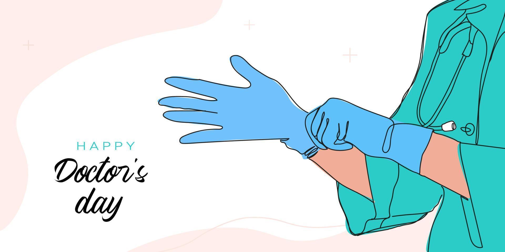 Doctors' Day, a simple vector illustration, in a doctor's robe and gloves. A continuous line of artistic drawing of the background, banner, poster