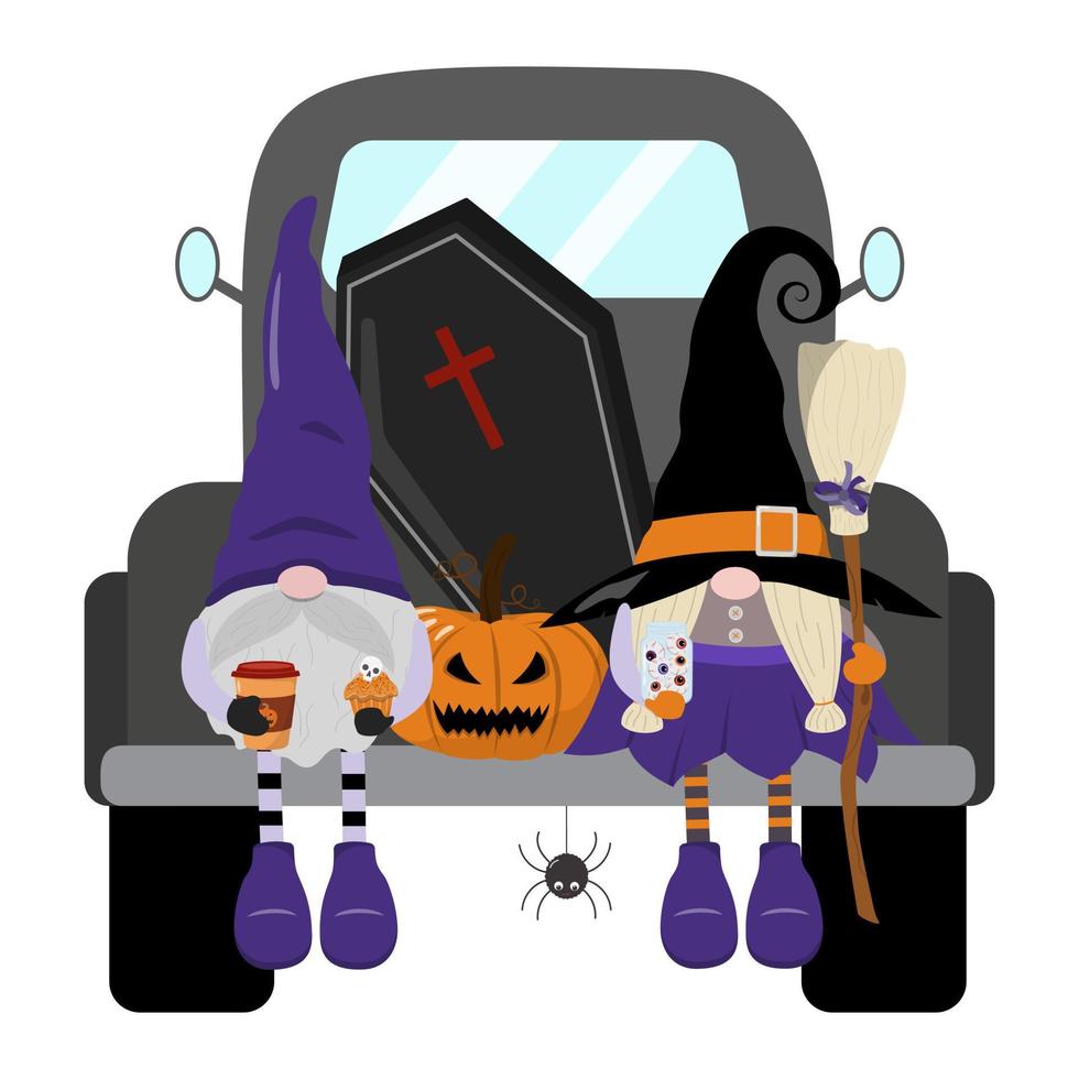 camioneta negra de halloween con gnomos, ataúd, linterna de calabaza. aislado sobre fondo blanco. perfecto para diseño de sublimación, impresiones, carteles. vector