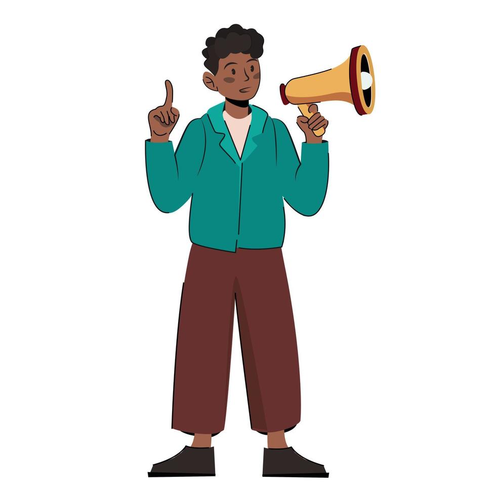 Black african man shouting into a megaphone. Vector flat illustration with protesting man. Guy with loudspeaker. Protesting.