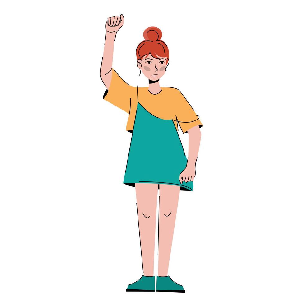 Feminism. girl power. angry woman raised her hands and protests. girl at the rally. Flat vector illustration isolated on white background.