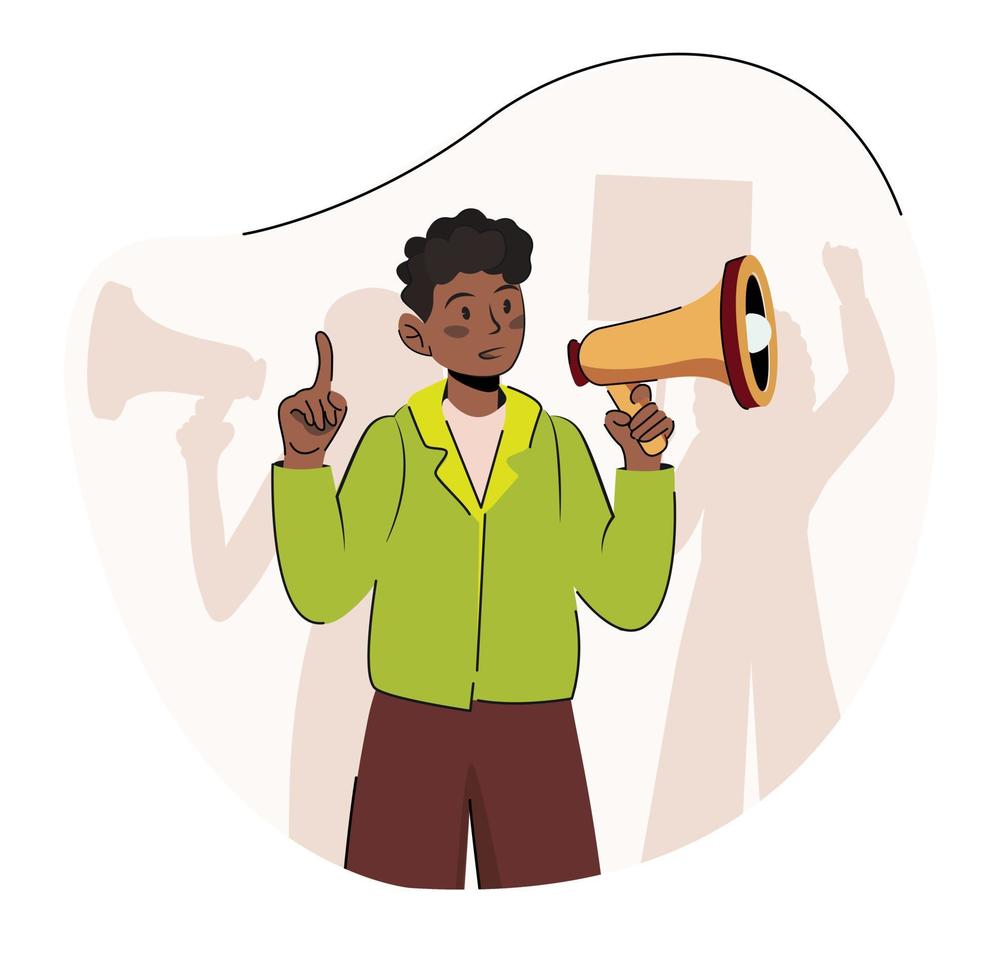 Black african man shouting into a megaphone. Vector flat illustration with protesting man. Guy with loudspeaker. Protesting.