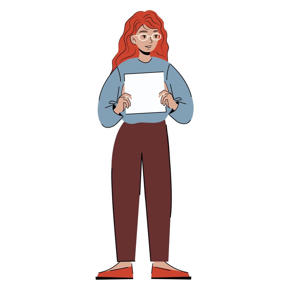Feminism. girl power. angry redhead woman in glasses holding a protest poster. girl at the rally. Flat vector illustration isolated on white background.