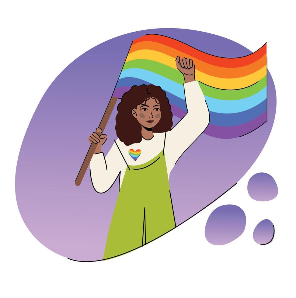 ilustración plana vectorial del orgullo lgbtq. mujeres con bandera de colores del arco iris. activistas femeninas que sostienen banderas lgbt, que apoyan a las personas lesbianas, gays, bisexuales, transgénero y queer. vector