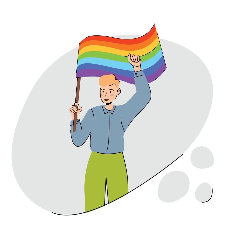 ilustración plana vectorial del orgullo lgbtq. hombres con bandera de colores del arco iris. activistas masculinos que sostienen banderas lgbt, que apoyan a las personas lesbianas, gays, bisexuales, transgénero y queer. vector