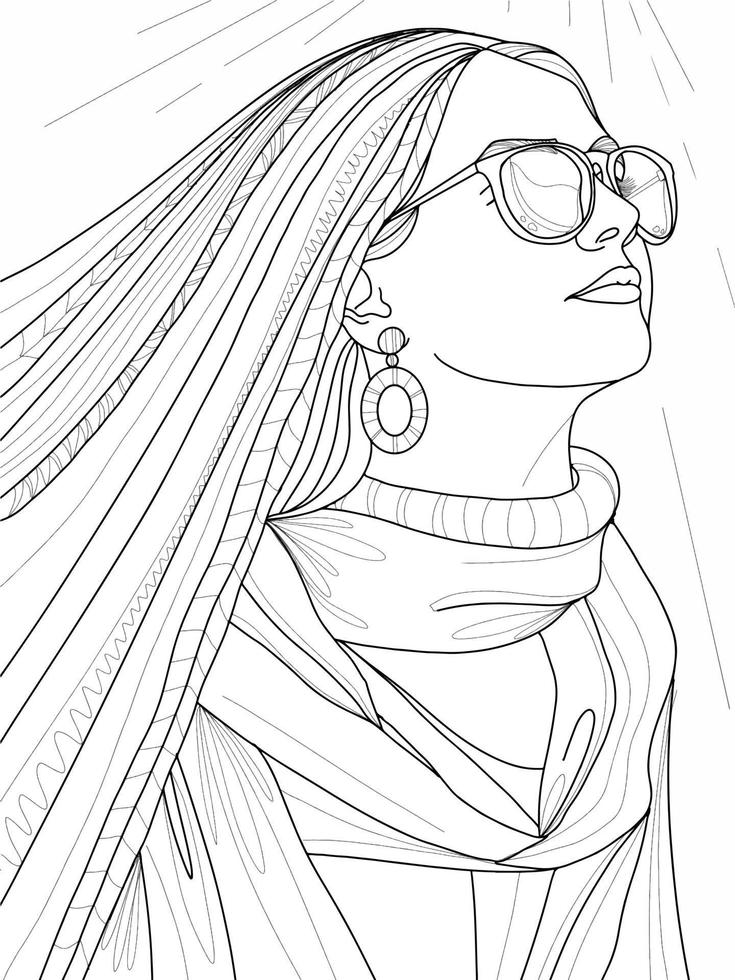 young girl with long hair wearing glasses and scarf in doodle style, fashionable princess illustration coloring book, coloring page for kids and adults.eps vector