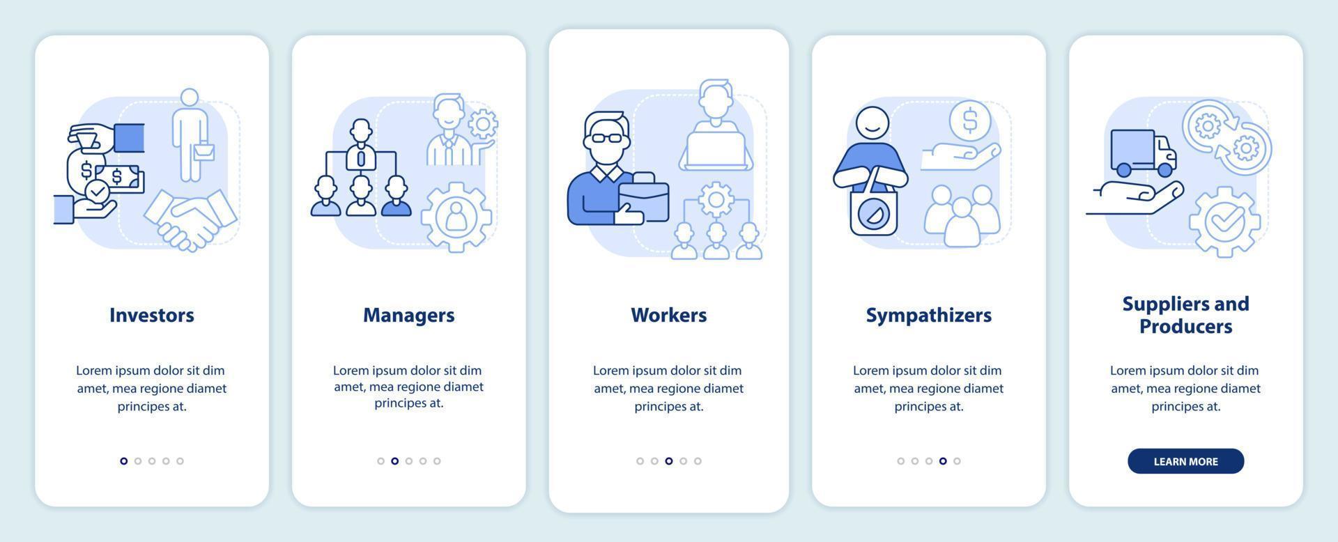 categorías de miembros pantalla de aplicación móvil de incorporación azul claro. tutorial de negocios 5 pasos páginas de instrucciones gráficas con conceptos lineales. interfaz de usuario, ux, plantilla de interfaz gráfica de usuario. vector