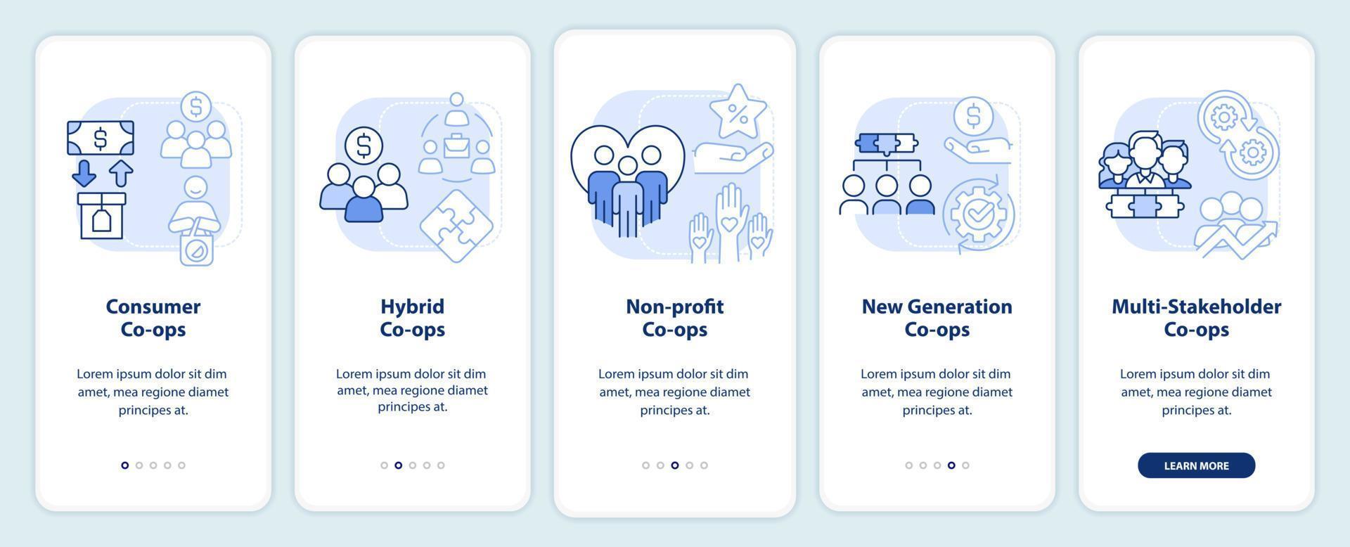 Types of business co-ops light blue onboarding mobile app screen. Walkthrough 5 steps graphic instructions pages with linear concepts. UI, UX, GUI template. vector