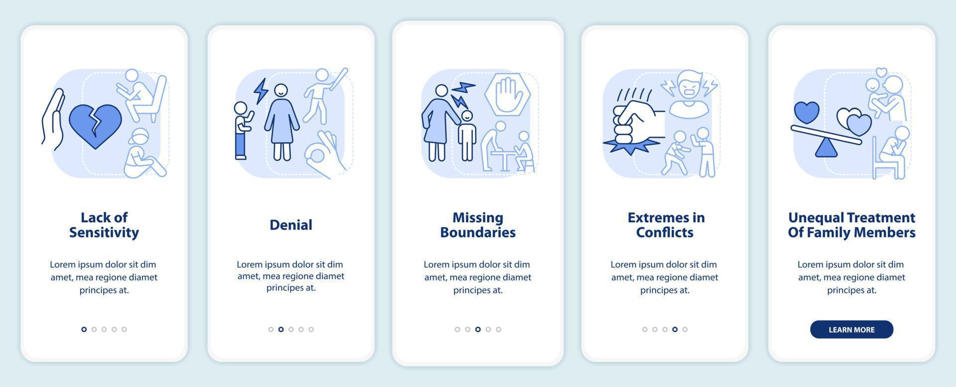 Features of dysfunctional family light blue onboarding mobile app screen. Walkthrough 5 steps graphic instructions pages with linear concepts. UI, UX, GUI template. vector