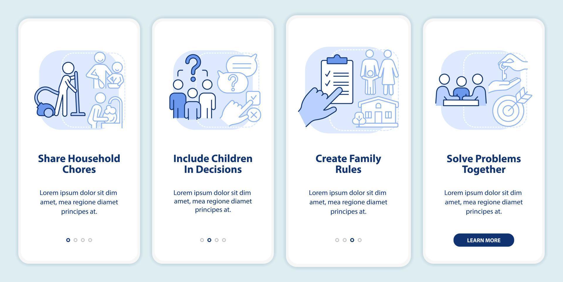 Encouraging teamwork light blue onboarding mobile app screen. Walkthrough 4 steps graphic instructions pages with linear concepts. UI, UX, GUI template. vector