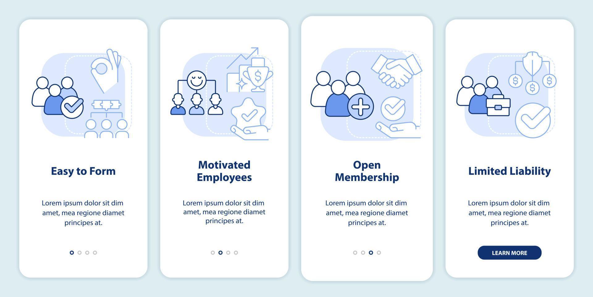 Benefits of co-ops light blue onboarding mobile app screen. Partnership walkthrough 4 steps graphic instructions pages with linear concepts. UI, UX, GUI template. vector