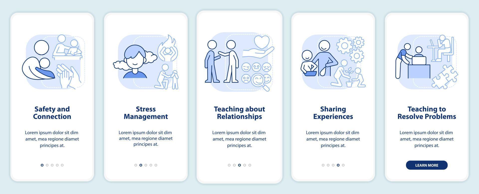Family relationships importance light blue onboarding mobile app screen. Walkthrough 5 steps graphic instructions pages with linear concepts. UI, UX, GUI template. vector