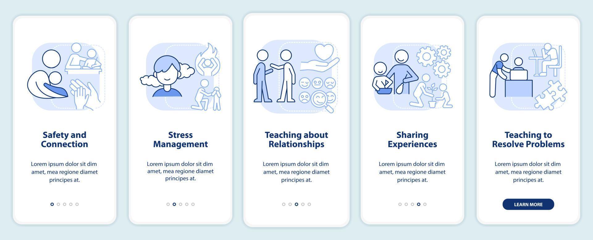 las relaciones familiares importan la pantalla azul claro de la aplicación móvil de incorporación. tutorial 5 pasos páginas de instrucciones gráficas con conceptos lineales. interfaz de usuario, ux, plantilla de interfaz gráfica de usuario. vector