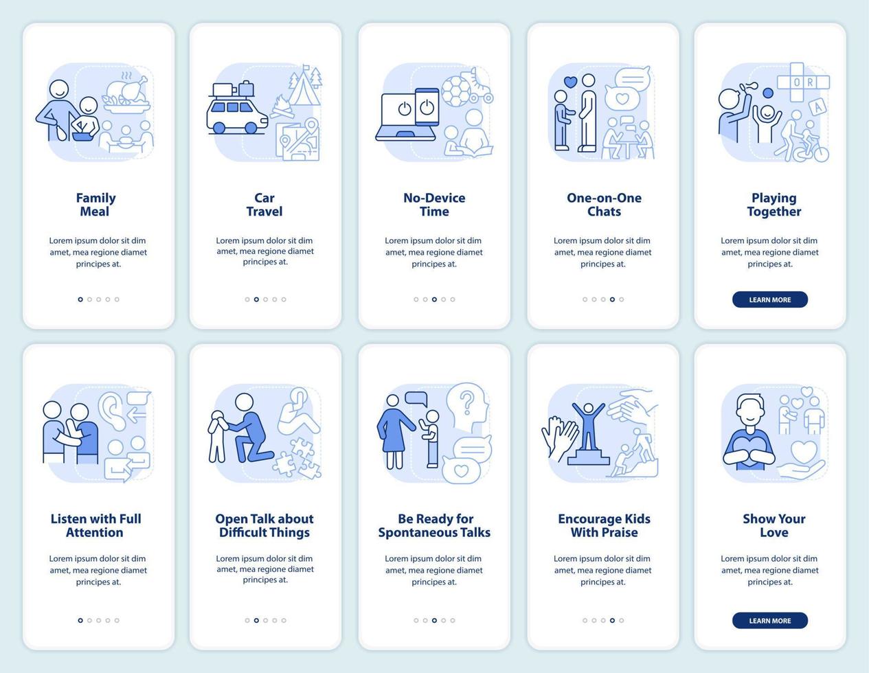 Family relations management light blue onboarding mobile app screen set. Walkthrough 5 steps graphic instructions pages with linear concepts. UI, UX, GUI template. vector