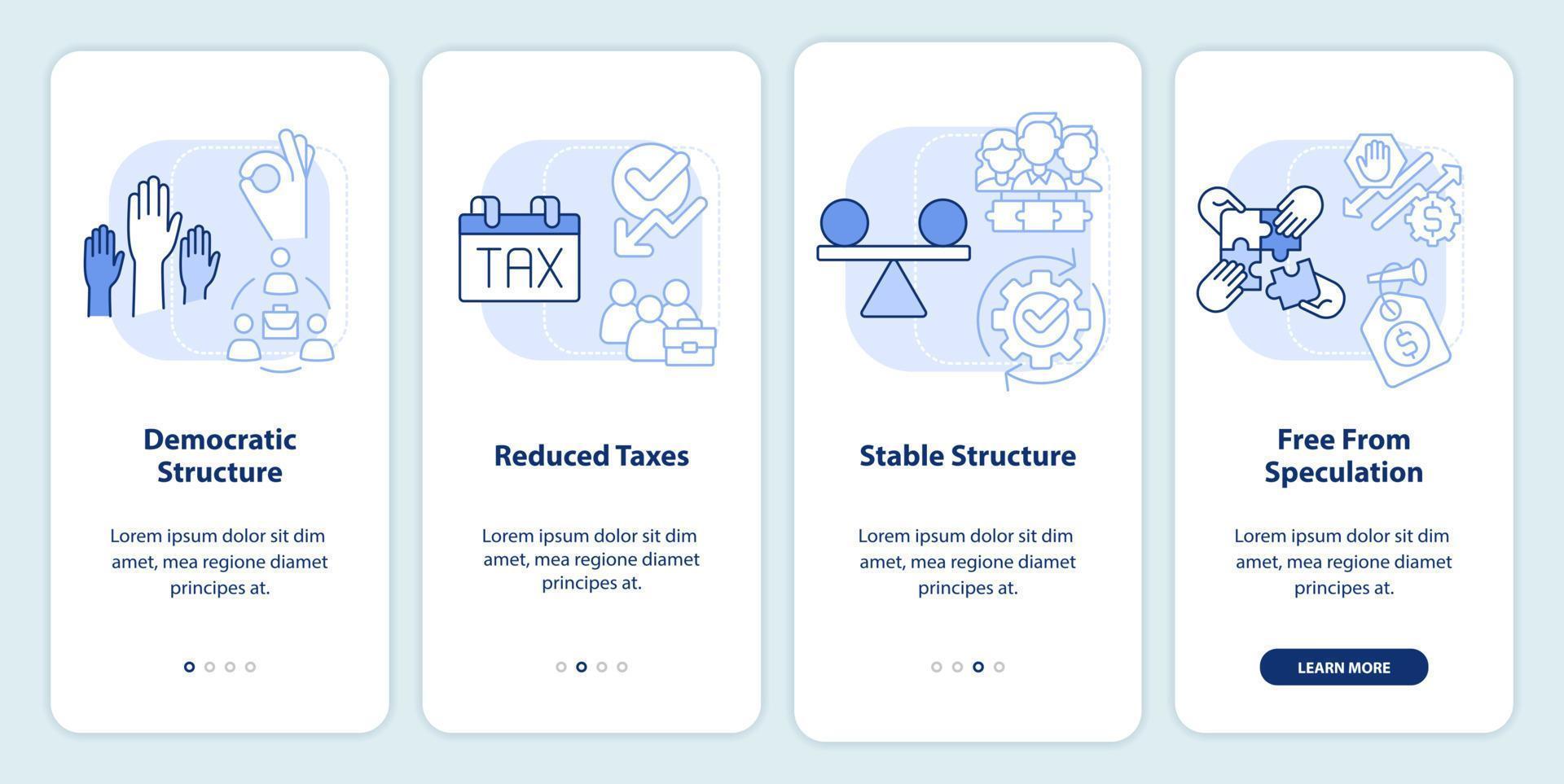 ventajas de la pantalla de aplicación móvil de integración azul claro cooperativas. tutorial de membresía páginas de instrucciones gráficas de 4 pasos con conceptos lineales. interfaz de usuario, ux, plantilla de interfaz gráfica de usuario. vector