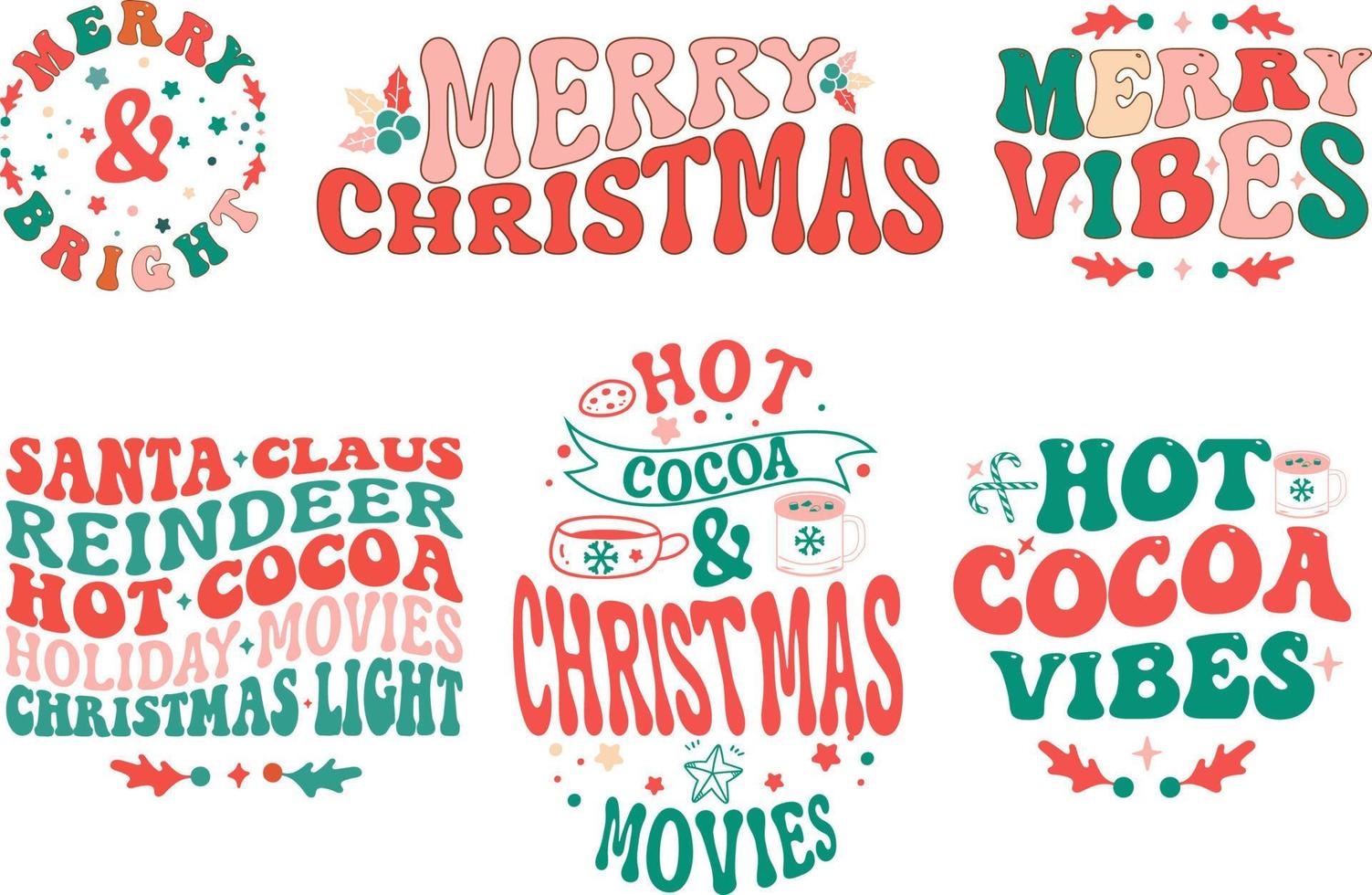 Retro Christmas saying quote bundle for Card, greeting, design, T shirt print,  postcard wish, poster, banner isolated on white background. winter cozy themed colorful text vector illustration