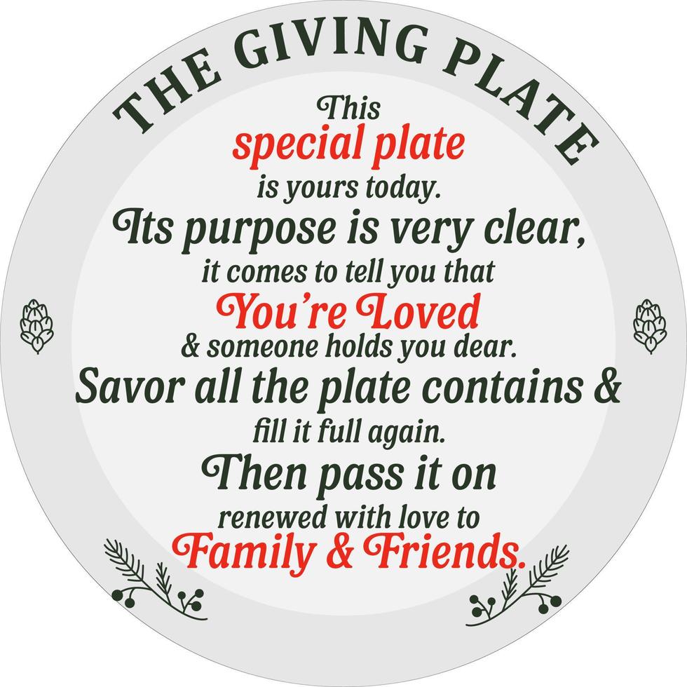 Christmas giving plate tradition vector text design. Enjoy, Refill, pass it on. Sharing plate, dish, background decoration printable. Quote saying phrase for family love, friends, relationship.