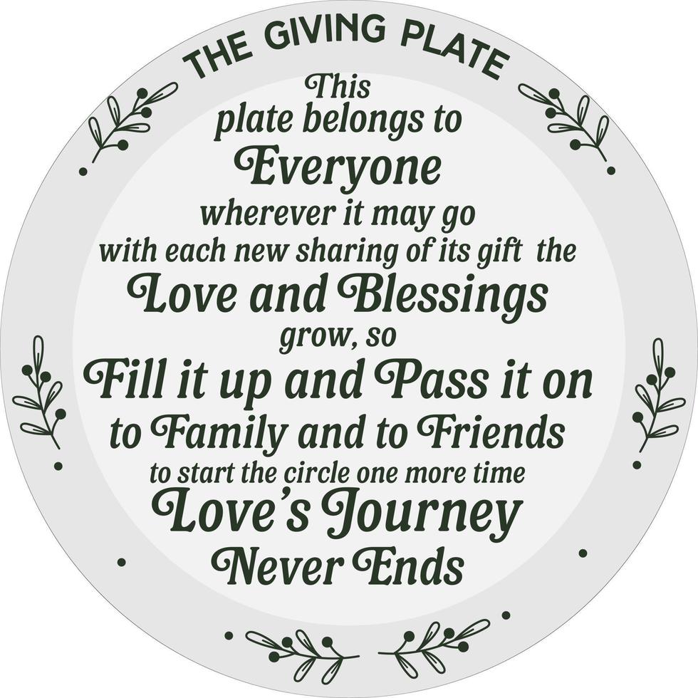 Christmas giving plate tradition vector text design. Enjoy, Refill, pass it on. Sharing plate, dish, background decoration printable. Quote saying phrase for family love, friends, relationship.