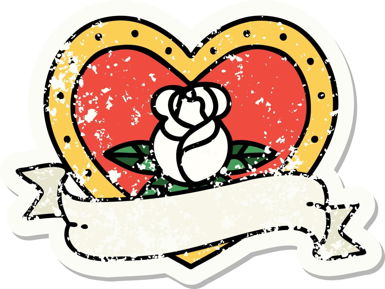 distressed sticker tattoo in traditional style of a heart rose and banner vector